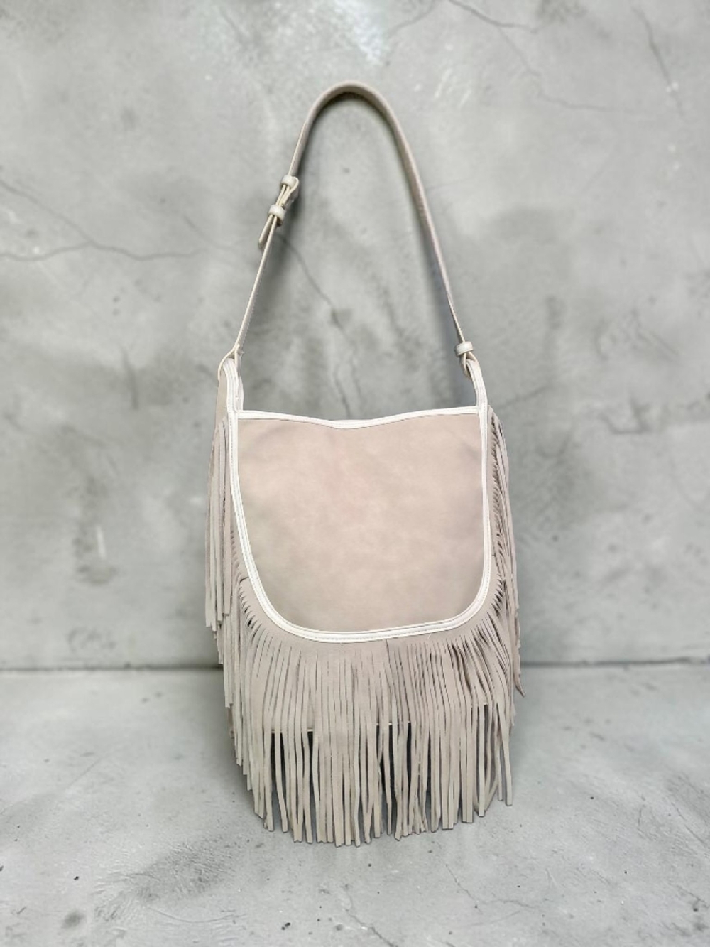 Caroline Hill Fringe Suede Crossbody Bag in Light Beige - Women Bags